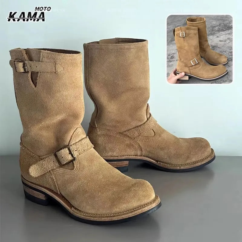 New Men'S PU Leather Boots Men'S Leather Round Middle Top Boots Flat Bottomed Boots Men'S Retro Trendy Leather Shoes