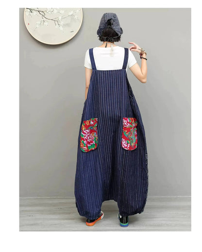 Unique Niche Women Cotton-linen Patchwork High-waist Overalls Large Pockets Sleeveless Jumpsuit LX6266