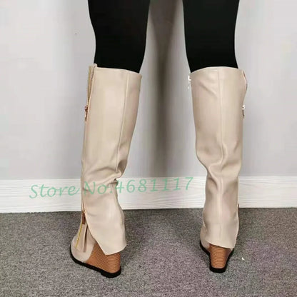 Beige Patchwork Wedges Long Boots Women Metal Gold Zipper Luxury Striped Heels Boots Mixed Colors Shoes Women Knee High Boots