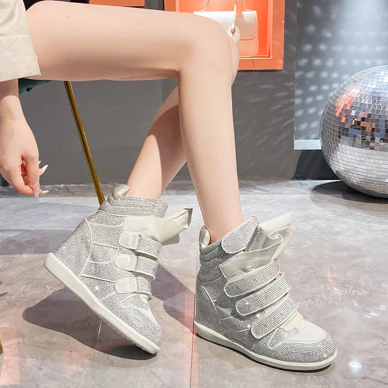 2026 Vintage Rivet Heightened Sneaker Wedge Velcro Casual Bright Diamond Booties
