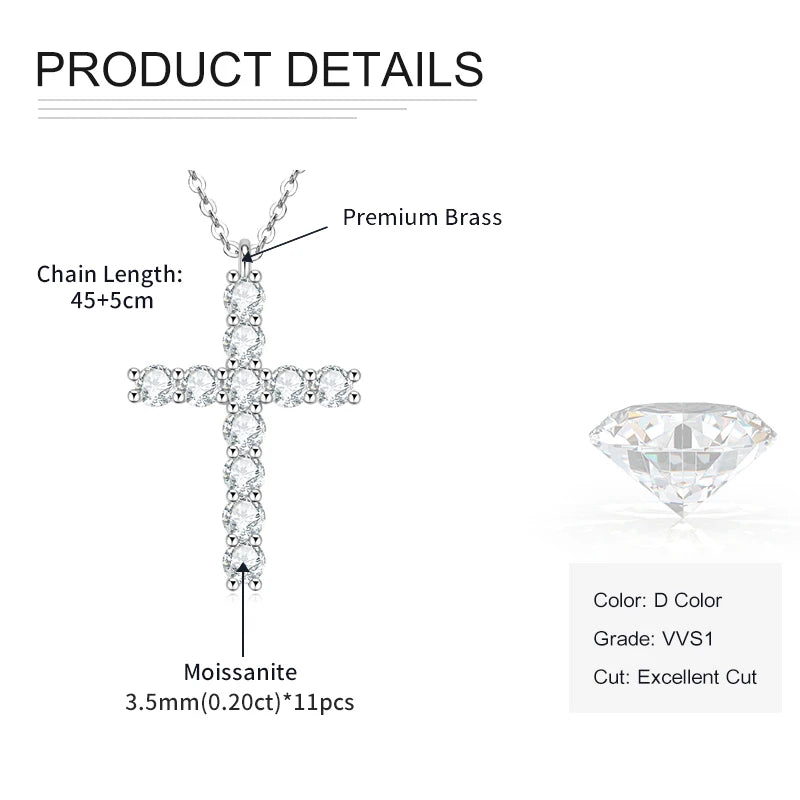 Rrjzz D-Color Moissanite Cross Pendant Necklace for Women VVS1 GRA Lab Imitation Diamond Dainty Necklace Faith Jewelry Gifts