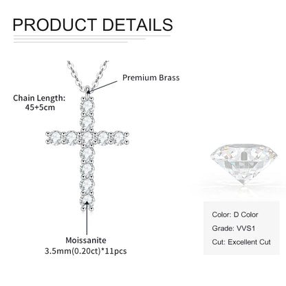 Rrjzz D-Color Moissanite Cross Pendant Necklace for Women VVS1 GRA Lab Imitation Diamond Dainty Necklace Faith Jewelry Gifts