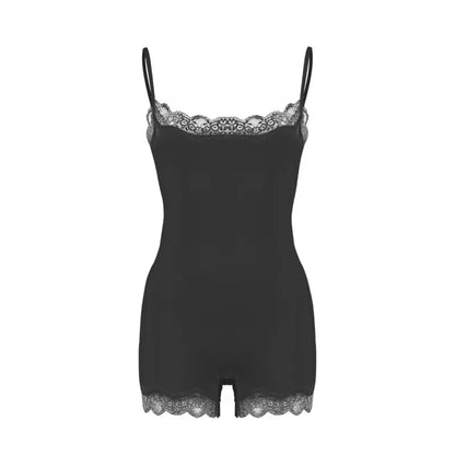 Lace Patchwork Cami Playsuit Women Sexy Backless Sleeveless Romper Solid Color Y2K Streetwear Casual Loungewear Outfit