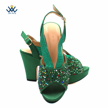 Buckle Strap Sandals Nigerian Women Shoes and Bag Set in Green Color with Wedges Heels For Ladies Party