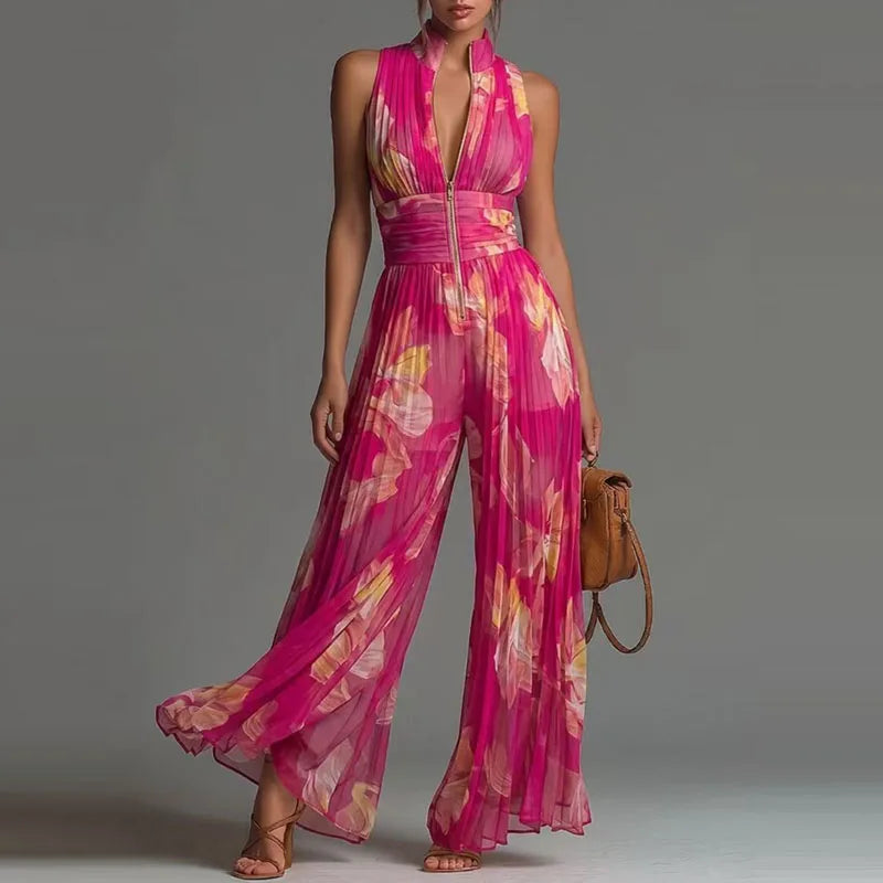 Women Elegant Chiffon Sleeveless Jumpsuit High Waist Pleated Flowy Wide Leg One Piece Overalls Holiday Casual Streetwear Rompers
