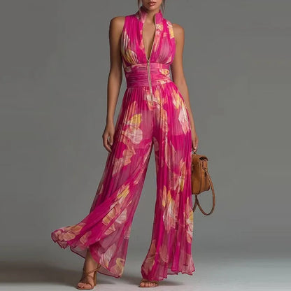 Women Elegant Chiffon Sleeveless Jumpsuit High Waist Pleated Flowy Wide Leg One Piece Overalls Holiday Casual Streetwear Rompers