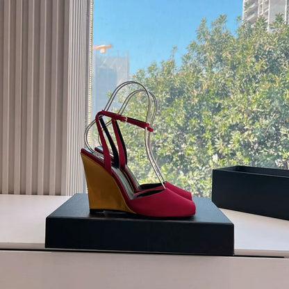 Ankle Strap Patent Leather Peep Toe Summer Women Sandals Wedges High Heel Buckle Strap Design Large Size Fashion Show Shoes