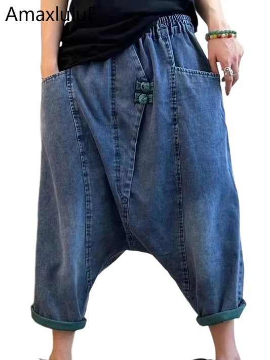 AmaxluluE 2025 Summer Ladies Chinese Loose Cross Pants Womens Luxury Casual Harajuku Jeans Ladies Classic Vintage Denim Trousers