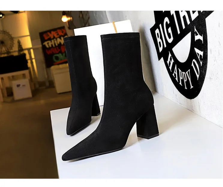 BIGTREE Shoes High Heel Boots Suede Women Ankle Boots Pointed Toe Socks Boots Thick Heel Women Shoes Warm Winter Boots Size 43