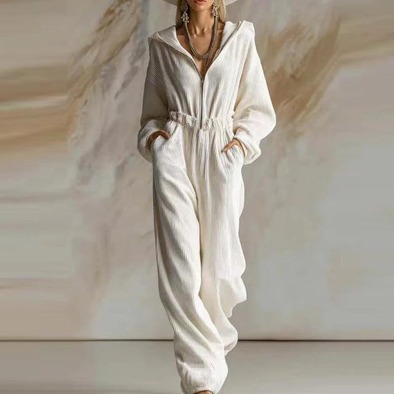 Elegant Ribbed Hooded Playsuit Overalls Women Fashion Zipper Hight Waist Long Jumpsuits Casual Long Sleeve Pocket Party Rompers