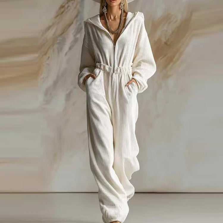 Elegant Ribbed Hooded Playsuit Overalls Women Fashion Zipper Hight Waist Long Jumpsuits Casual Long Sleeve Pocket Party Rompers