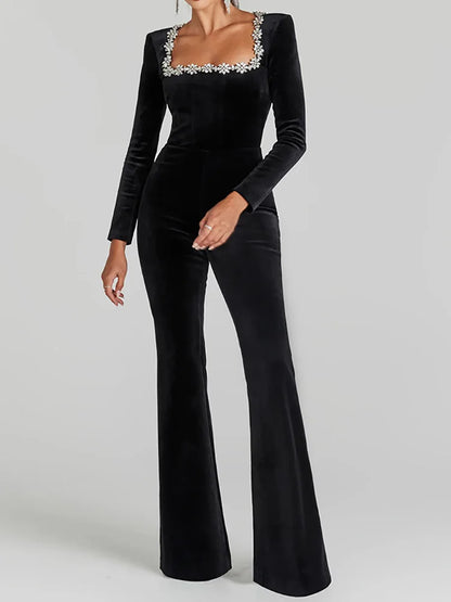 Women Spring Holiday Slim Fit Long Sleeve Velvet Jumpsuits Solid Square Collar Elegant Flare Pants Casual Ladies Playsuits 2025