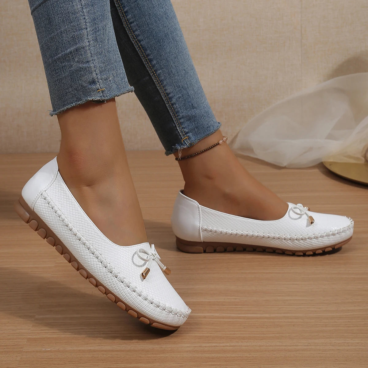 Goreyodoly Womens Casual Slip On Flats Woven Pattern Bow Breathable Lightweight Comfortable Daily Walking Shoes