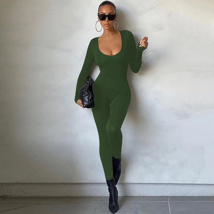 Hugcitar 2025 Square Collar Solid Long Sleeve Stretchy Bodycon Jumpsuits Winter Women Fashion Romper Streetwear Sport Wholesale