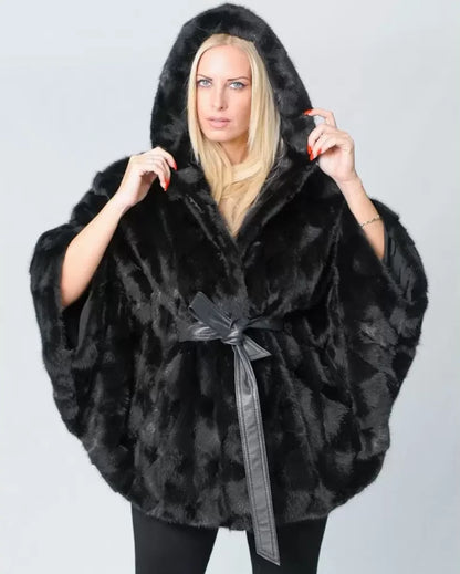 2026 Women's New Mink Fur Bat Top, Hooded Shawl Jacket, Real Mink Fur Leather Jacket