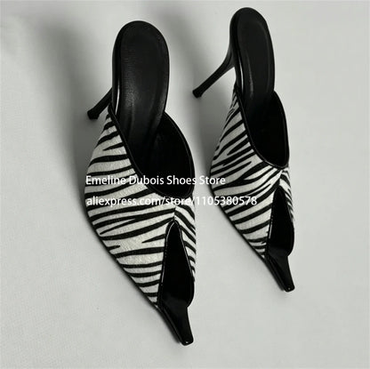 Zebra Print Faux Pony Hair Cutout High Heel Sandals Women Pointed Toe Slip on Stilettos Mules Sexy Party Ladies Dress Sandals
