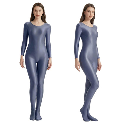 Women's Smooth Glossy High-Elastic Round Neck One Piece Catsuit Long Sleeve Zentai Jumpsuits Cosplay Performance Tights Bodysuit