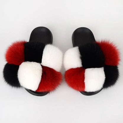 Natural Fox Fur Slippers, Fashionable Outdoor Multi-Color Animal Hair Slippers, Women's Gifts, Soft EVA Sole Slippers, On Trend