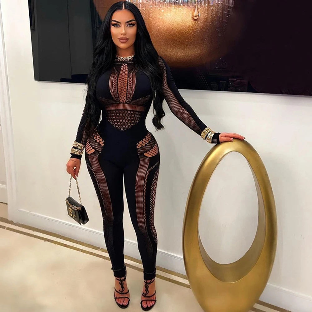 2026 Latest Design Woman Playsuits See Through Mesh Hollow Out Knit Rompers Sexy Clubwear Women's One Piece Bodysuits Jumpsuit
