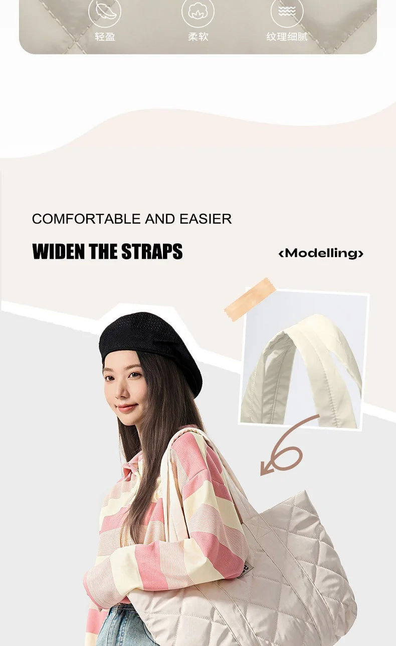 LEE Large Soft Puffer Bag Women Big Size College Students Laptop Book Quilted Tote Bag Lady Down-filled Shopping School Bags