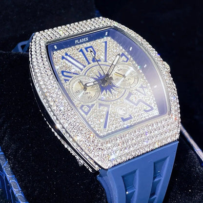 PLADEN Fashion Iced Out Watches Men Casual Blue Silicone Strap Quartz Wristwatch Man's Luxury Diamond Bling Tonneau Clocks 2026