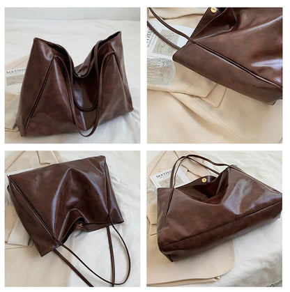 Personalized Name Embroidery Women's Large Tote Bag Brown Faux Leather Shoulder Handbag Vintage Soft Casual Bag for Work Travel
