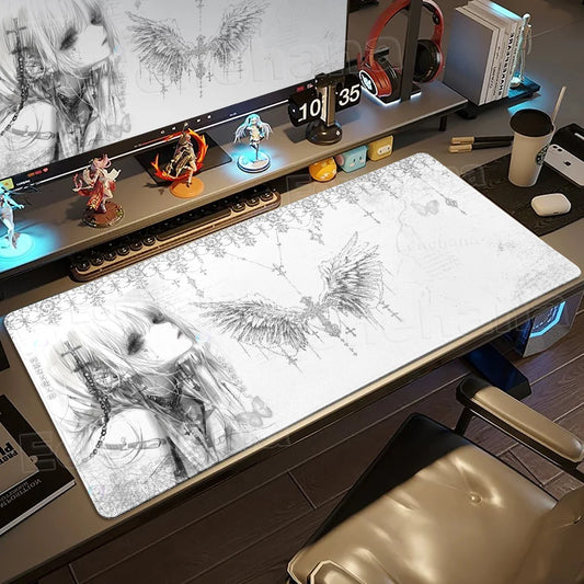 Black White Angel Mouse Pad Large PC Gaming Anime Pretty Girl DeskMat XXL Cartoon Laptop Keyboard Gamer Accessories Office Setup