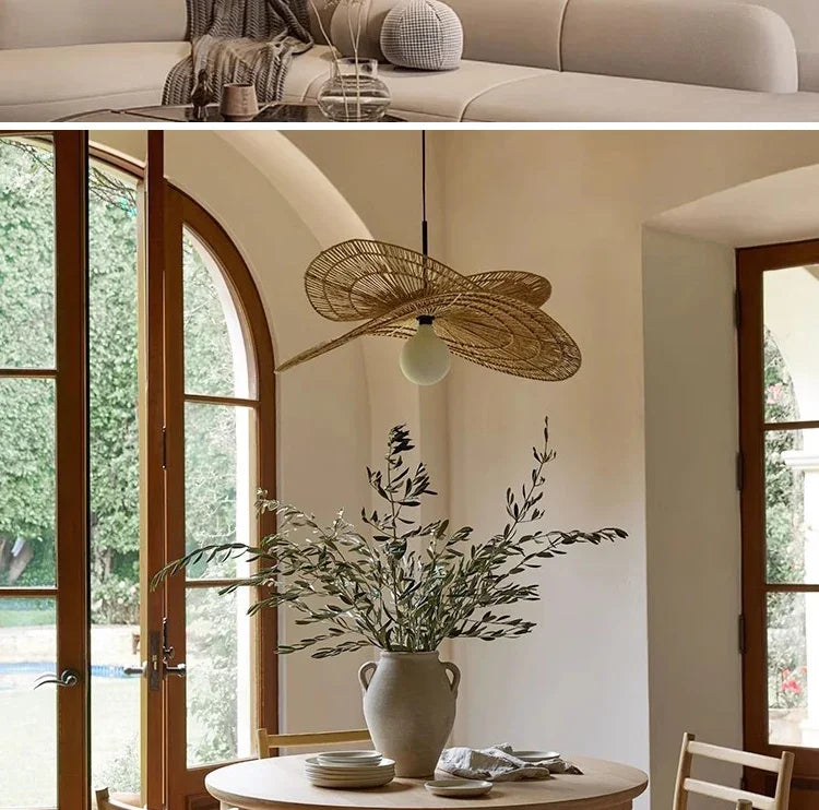 Wabi-Sabi Style Pendant Lights For Bedroom Living Room  Rattan Hand-Woven Lamp Restaurant Home Decor Chandeliers G80 Bulb