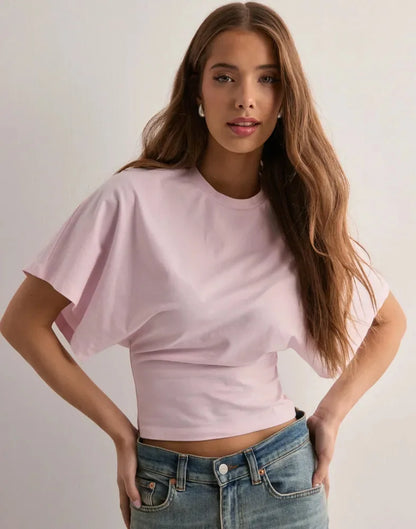 Women's T-shirts Crew Neck Ruched Waist Slim Fit Solid Color Casual Cropped Tee Summer Streetwear Basic Daily Wear Top