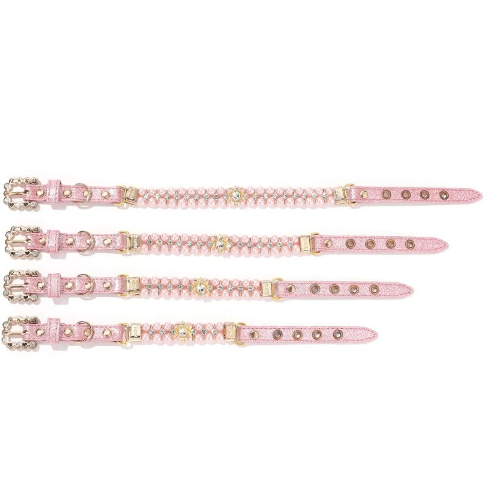 Adjustable Dog Cat Pearl Collars Rhinestone Bling Crystal Cat Necklace Luxury Jewelry PU Neck Strap for Small Dogs for Kitten
