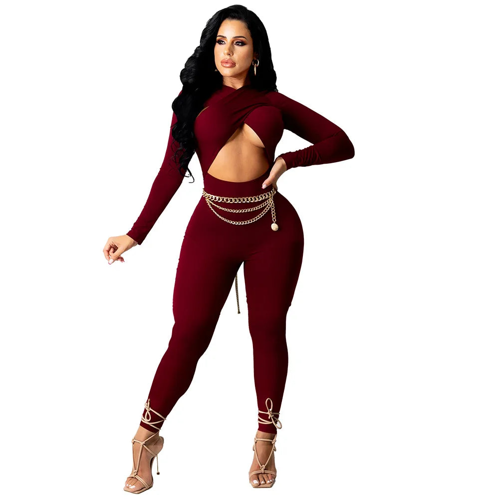 CM.YAYA Women Hollow Out Cross Sexy Party Clubwear Long Sleeve Jumpsuits 2024 Winter Autumn Street Crop One Piece Suit Rompers