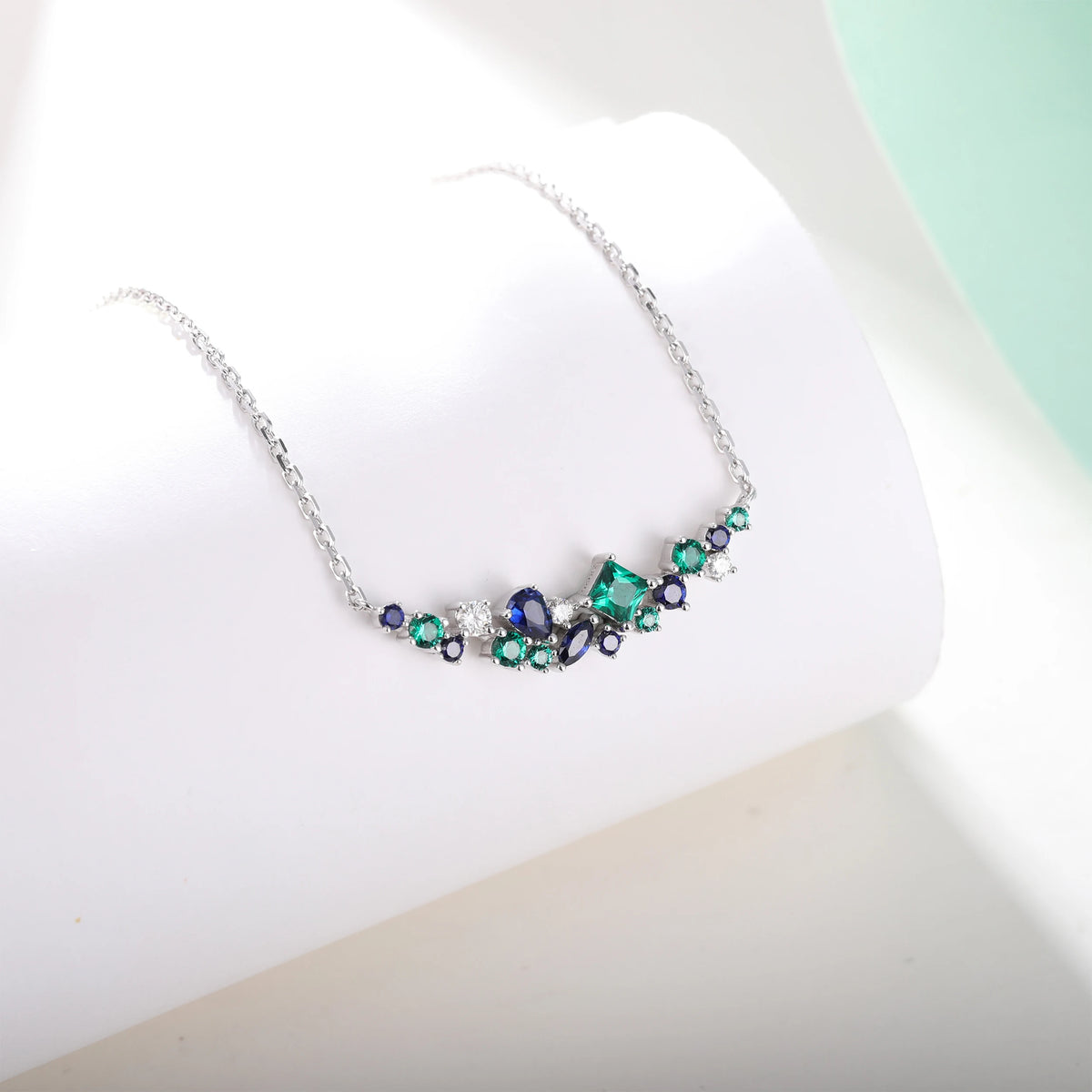 XCY Mixed Cut Lab Sapphire Emerald Moissanite Necklace for Women 925 Silver Curved Cluster Pendant Anniversary Fine Jewelry Gift