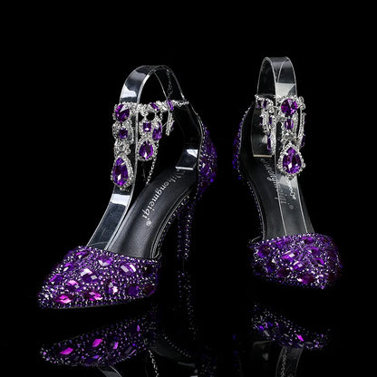 2024 Autumn Slim Heels Shallow Mouth Luxury Blue Water Diamond Pearl Women Single Shoes 9CM Wedding Party Shoes Sandalias Mujer