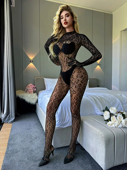 Toucheart Sexy Mesh Jumpsuit Women's Underwear Long-sleeved Jumpsuit Fishnet Top with Closed Crotch Perspective Sexy Jumpsuit