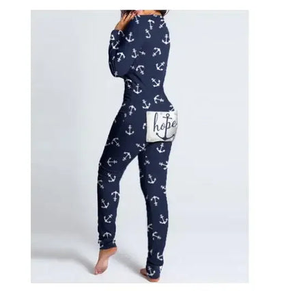 Adult Long Sleeve Pajamas Button Flip Cover Women's 1Piece Loungewear Butt Button Back Flap Jumpsuit Sleepwear Romper Home Wear
