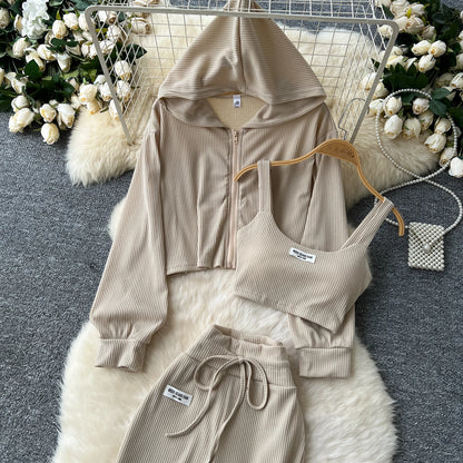 SINGREINY 2026 Autumn Sporty Suits Ladies Full Sleeves Hoodies+Sling Mini Camis+Drawstring Long Pants Casual Three Pieces Sets