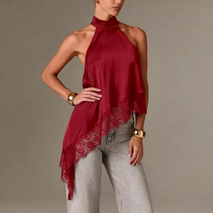 Women Y2k Mock Neck Halter Top Satin Lace Asymmetrical Hem Tank Tops Sleeveless Elegant Going Out Crop Tops
