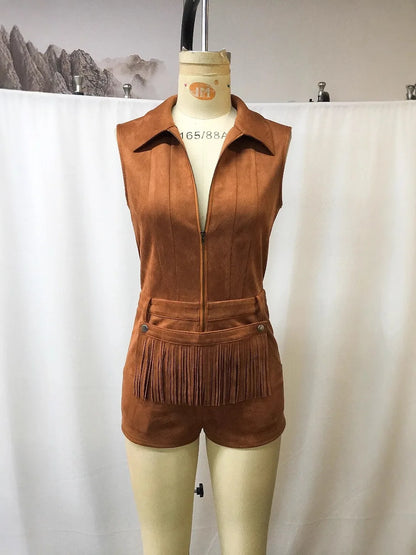 Jumpsuit Women 2026 Spring New Retro Fashion Solid Color Tassel Decor Half Zipper Design Turn-Down Collar Sleeveless Rompers