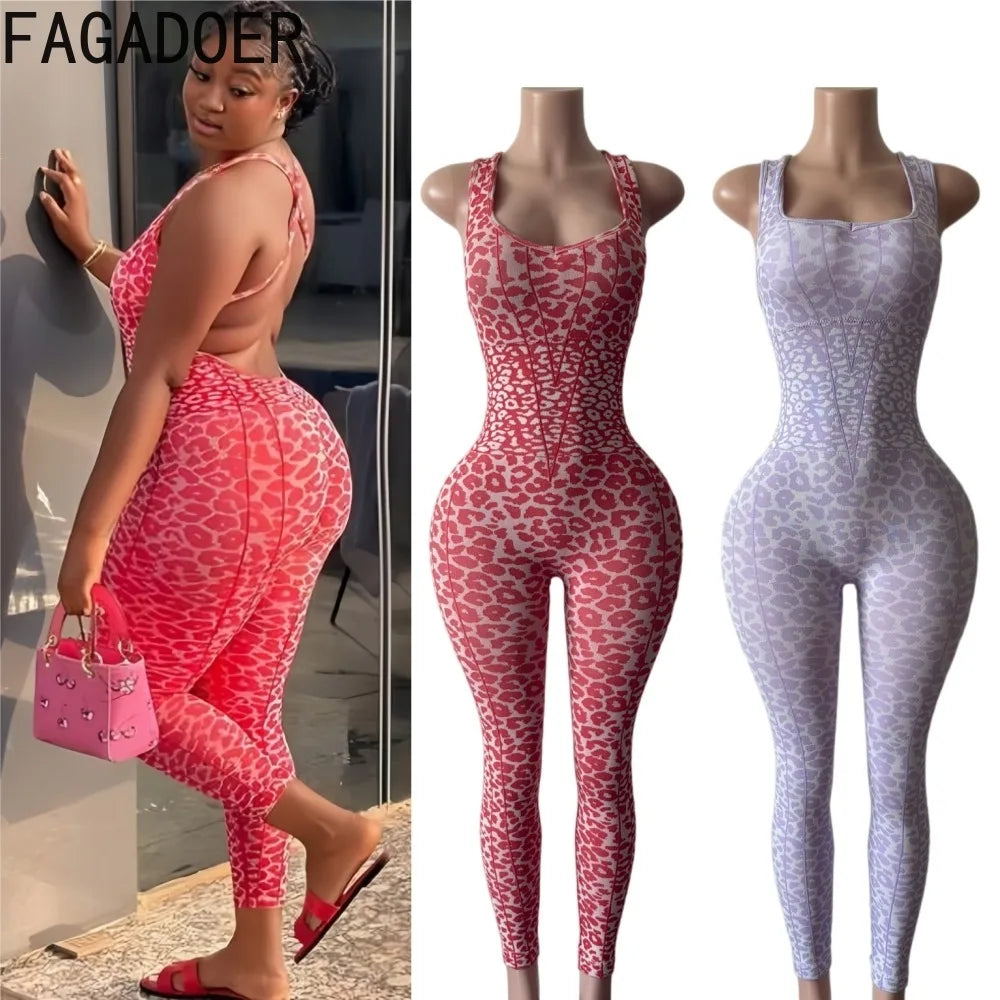 FAGADOER Y2K Sexy Leopard Print Bodycon Jumpsuit Women Halter Sleeveless Deep V Backless Long Romper Streetwear Club Night Party