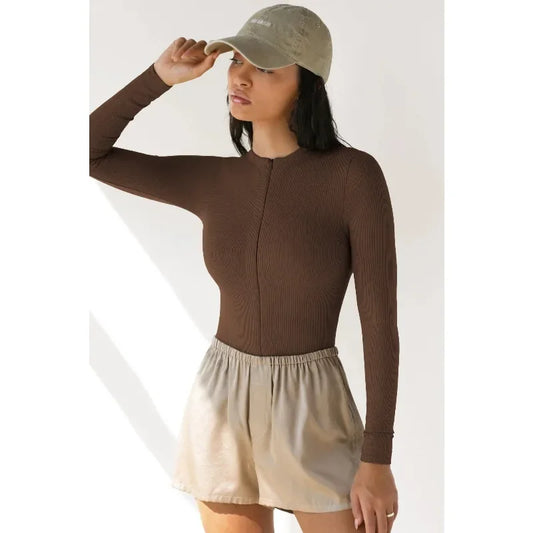 New Women's Jumpsuits Ribbed Long Sleeve Bodysuit Front Zip V Neck Bodycon Tops Stretchy Slim Fit Casual Streetwear for Daily