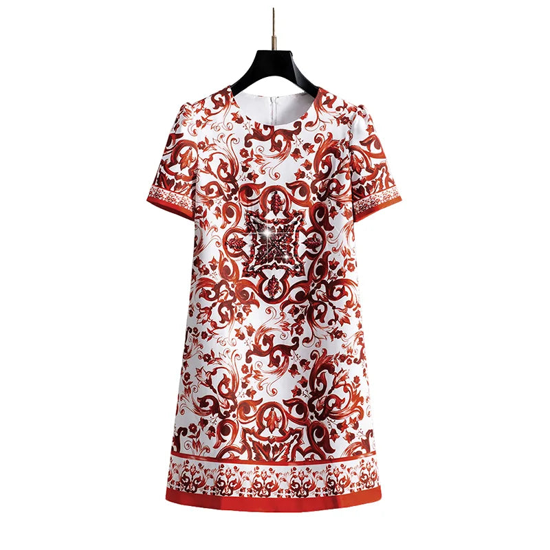 Stylish Classy Vintage Chinese Blue White Porcelain Beaded Puff Sleeve Round Neck Shift Dress for Women Summer Casual Party Chic