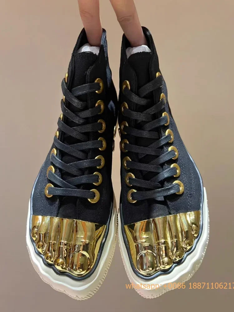 Golden Five Fingers Catwalk Ladies Shoes 2024 Summer New Sexy Street Thick Sole Sports Casual Pumps Model Party Lace Up Sneakers