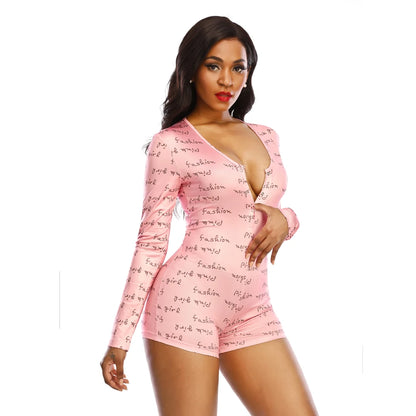 Womens Playsuit Sexy Pajama with Butt Flap Valentines Day Overalls Jumpsuit  Long Sleeve V Neck Women Bodycon Romper Sleepwear