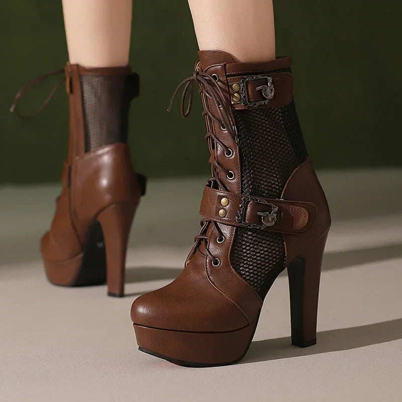 2025 New Lace-up Mesh Summer Boots Women Sexy High Heels Platform Sandals Large Size Women's Custom Boots Female Shoes