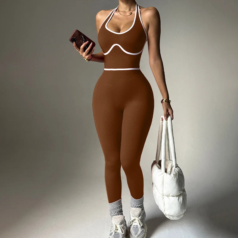 European Style Line Block Bodysuit Women One Piece Yoga Set Seamless Fitness Set Long Pants Gym Workout Fashion Sports Bodysuit