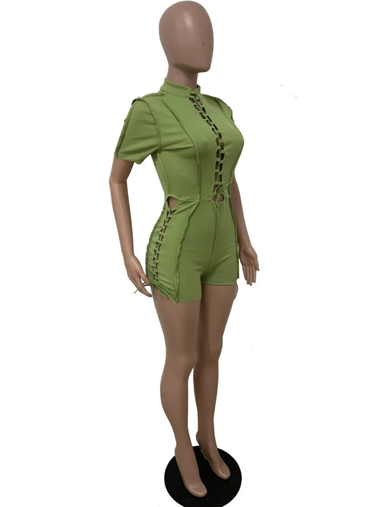 Wholesale Streetwear Jumpsuit Women 2023 One-pieces Outfits Rompers Summer Green Short Sleeve Bodycon Casual Bandage Playsuits