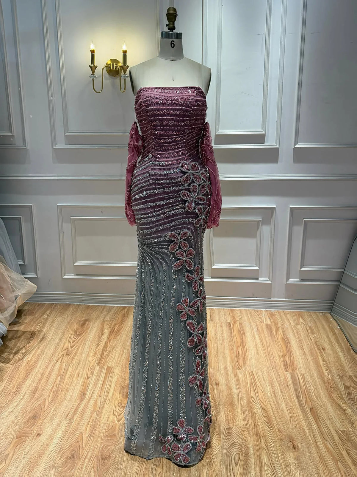 Serene Hill 2026 Luxury Pink Gradient Beaded Mermaid Evening Dress Strapless Crystal Floral Formal Gown LA73532 Customized