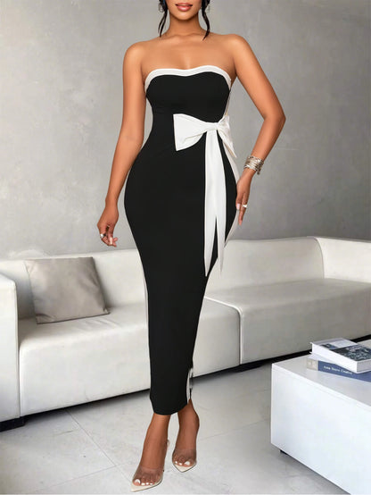 Ladies Fashion Elegant Color Block Knot Design One Shoulder Dress Stylish Graceful Versatile Butterfly Bow Dress for Women