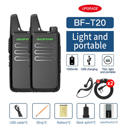 2 STUKS Mini Walkie Talkie BF-T20 Portable Two Way Radio Opladen USB VOX Voor UHF 400-470MHZ Lange Afstand Communicatie Radio Up