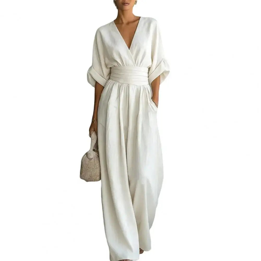 Women's One Piece Jumpsuits Casual V-Neck Short Sleeve Wide Leg Rompers Summer High Waist Beach Vacation Outfits with Pockets